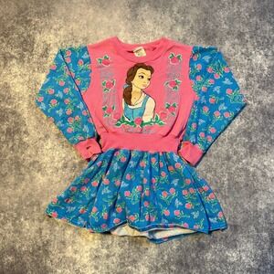 Vintage Disney Beauty and the Beast Belle Pink Blue Sweatshirt Dress Kids XS 4/5